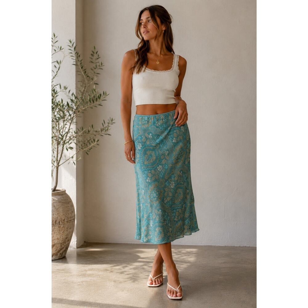 Wrapper Y2K Boho Fairy Blue Floral Midi Slip Skirt Coastal Grandma Womens Medium